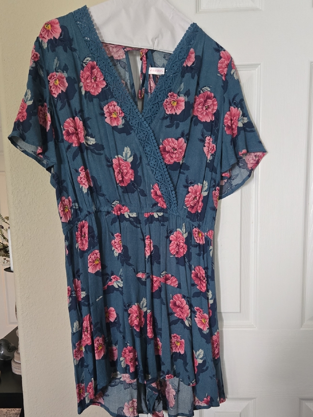 Xhilaration Teal Floral V-Neck Romper with Pink Blooms